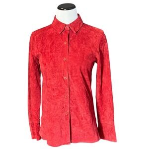 New Frontier Womens XS Red Suede Leather Button Down Shirt Long Sleeve Collared
